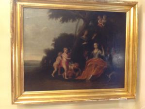 Pittura francese su tela  scena campestre con cornice dorata XVIII sec 